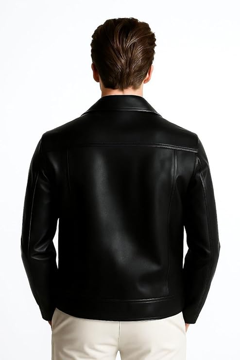 Classic Black Faux Leather Jacket, Zip Front, Dual Chest Pockets, Casual Style