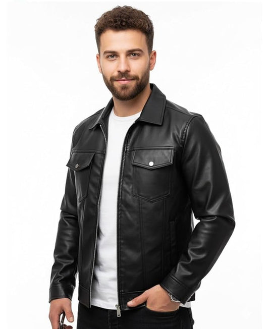 Classic Black Faux Leather Jacket, Zip Front, Dual Chest Pockets, Casual Style